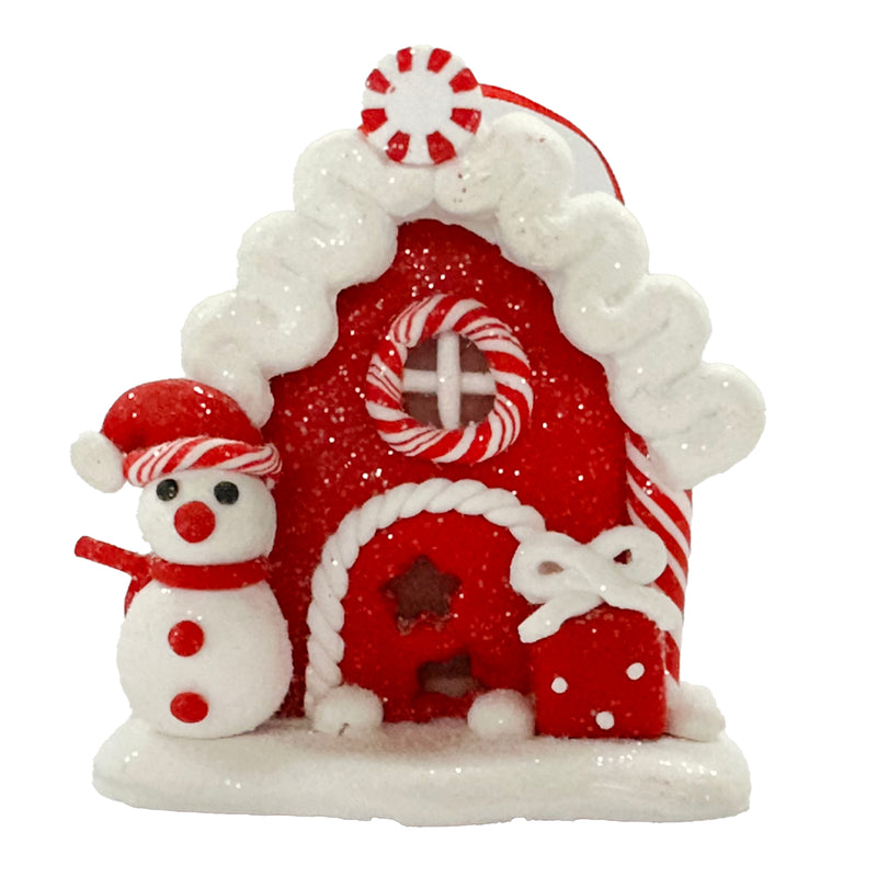 Red Gingerbread House with Snowman Ornament  | Putti Christmas Decorations