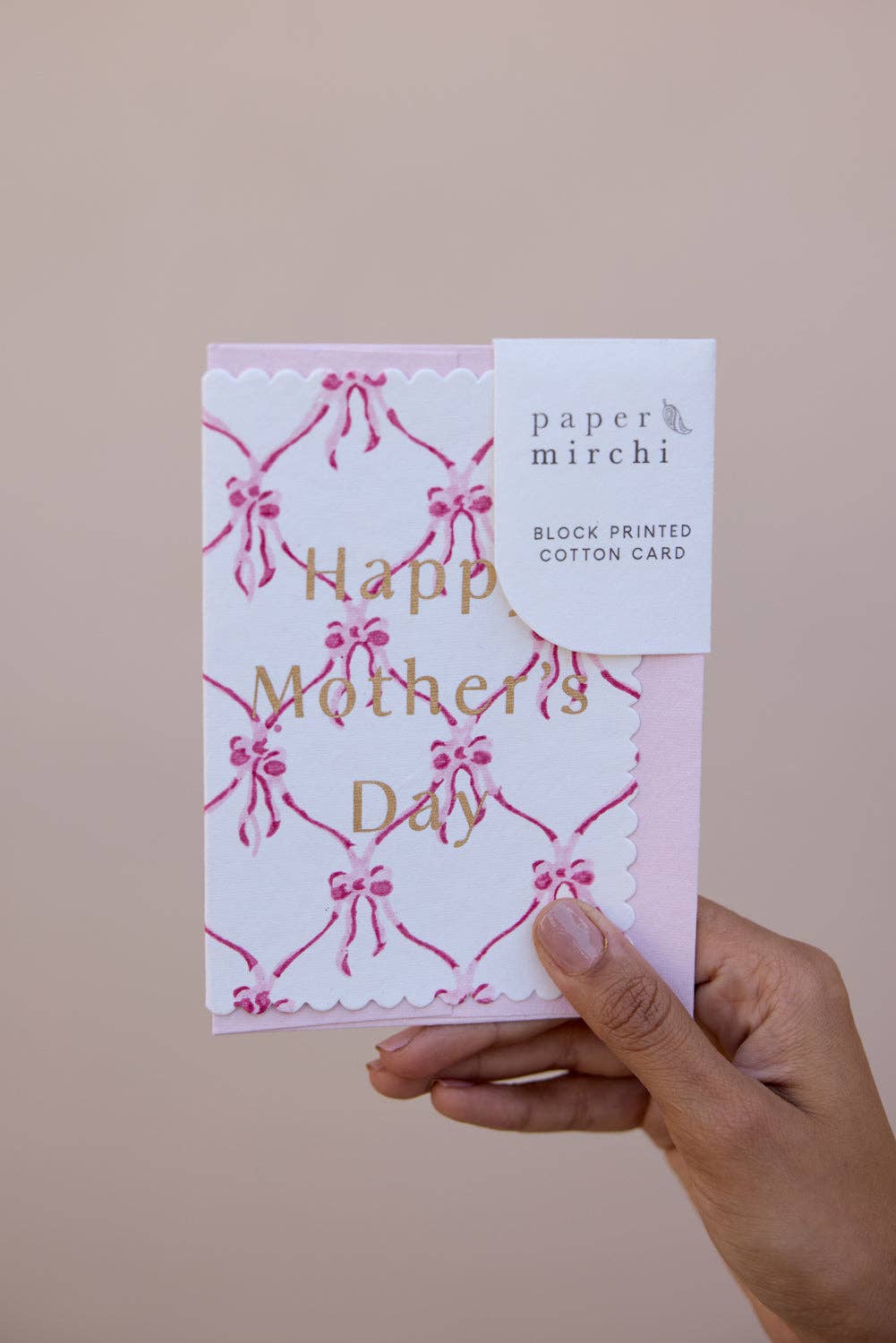 Hand Block Printed Greeting Card - Mother's Day Pink Bows