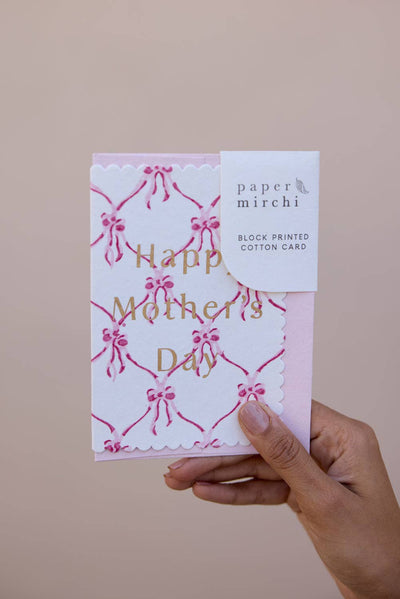Hand Block Printed Greeting Card - Mother's Day Pink Bows