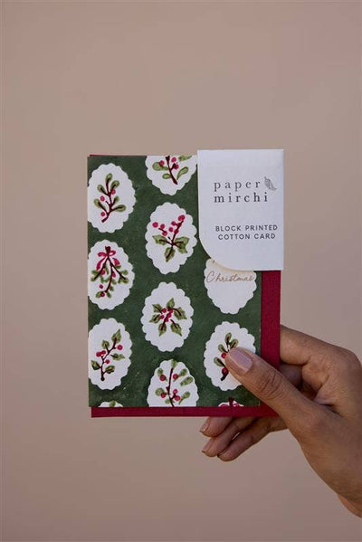Hand Block Printed Greeting Card - Scallop Tiles Holly Green