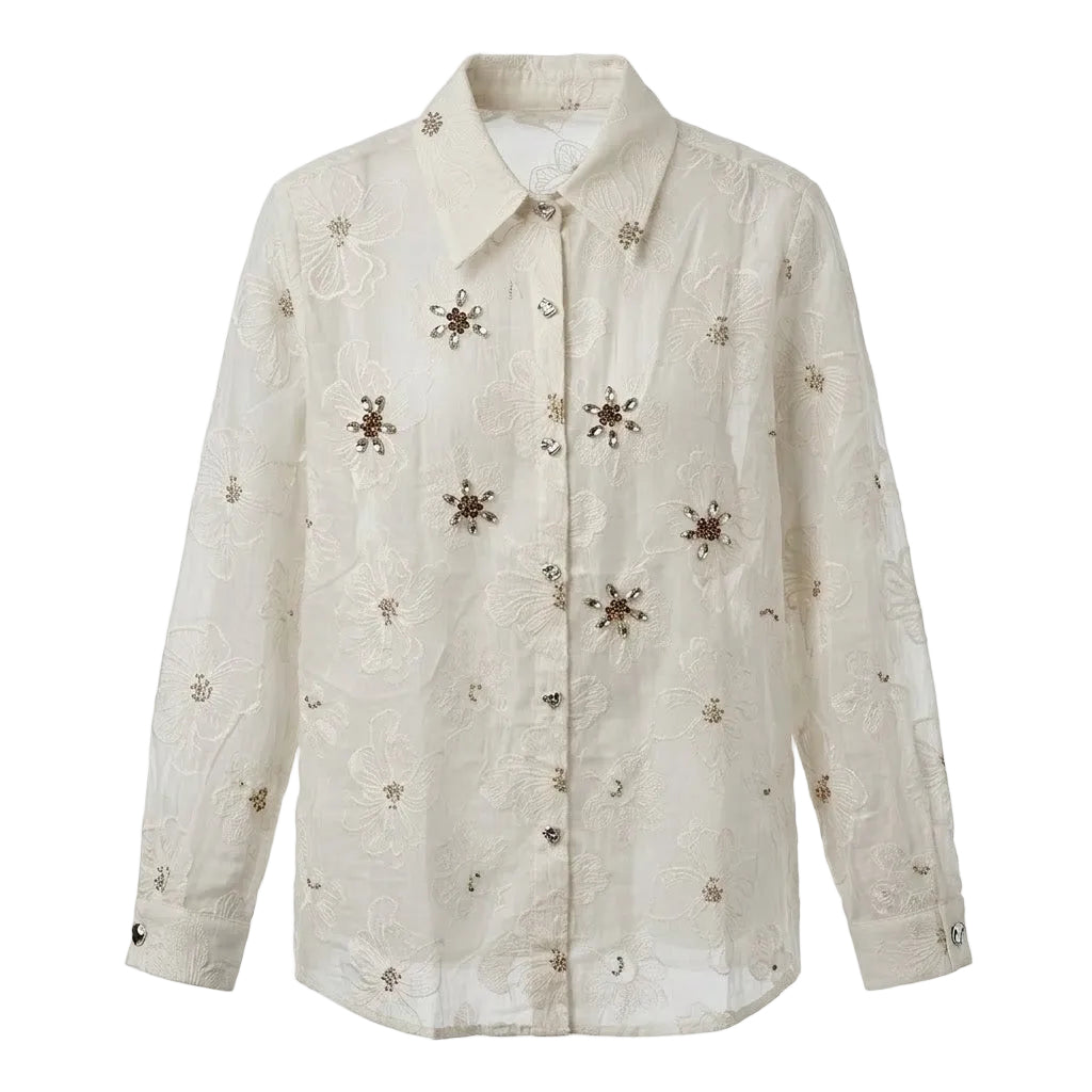 Floral Embroidery Blouse with Jewels - Ivory