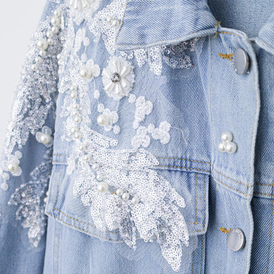Romantic Floral & Pearl Light Blue Denim Jacket