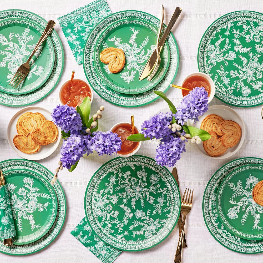 Emerald Green and White French Toile Paper Plates | Putti Party Supplies