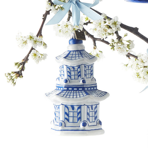 Eric Cortina Blue and White Pagoda Glass Ornament | Putti Christmas Decorations