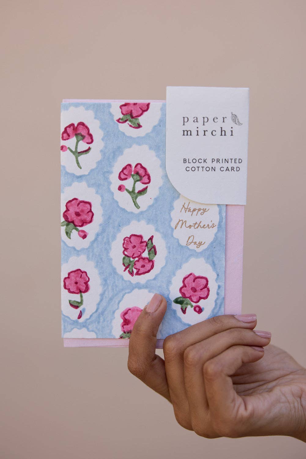 Hand Block Printed Greeting Card - Mother's Day Pink Floral
