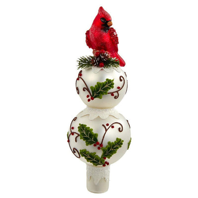 Glass Holly and Cardinal Tree Topper | Putti Christmas Decorations