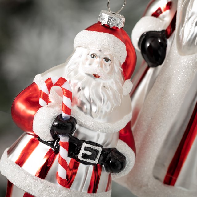 Peppermint Santa with Candy Cane  Glass Ornament