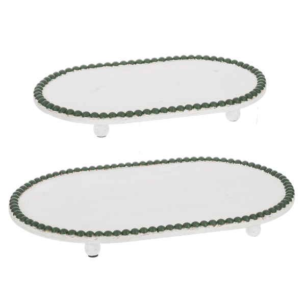 Green Beaded Edge Oval White Wood Riser Tray