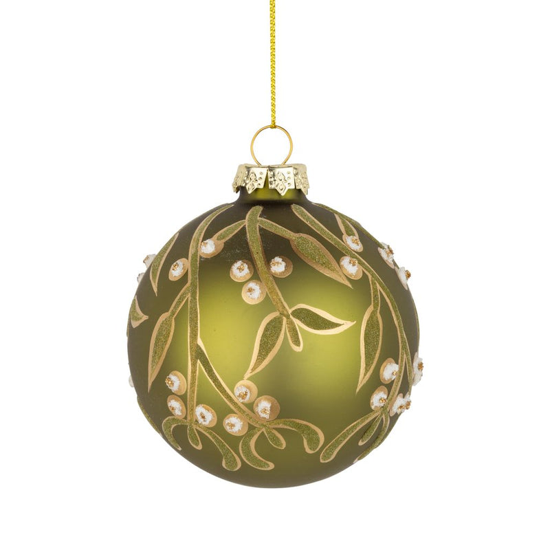 Green with Gold and Green Mistletoe Design Glass Ball Ornament