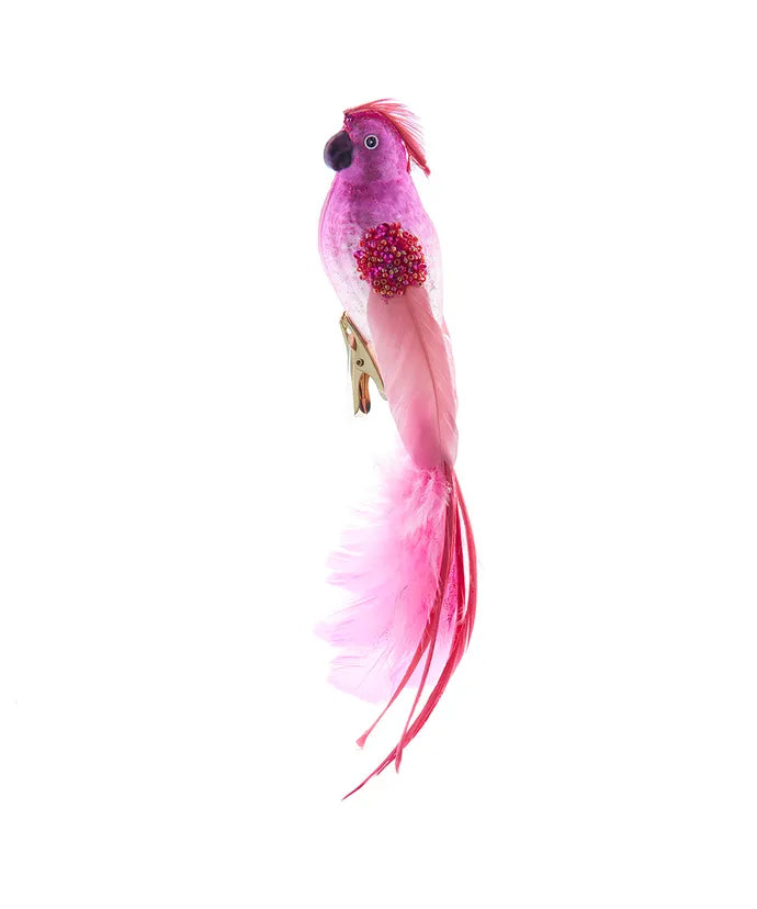 Glass Pink Parrot With Clip Ornament