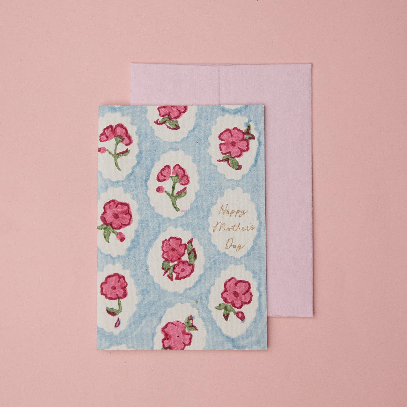 Hand Block Printed Greeting Card - Mother's Day Pink Floral