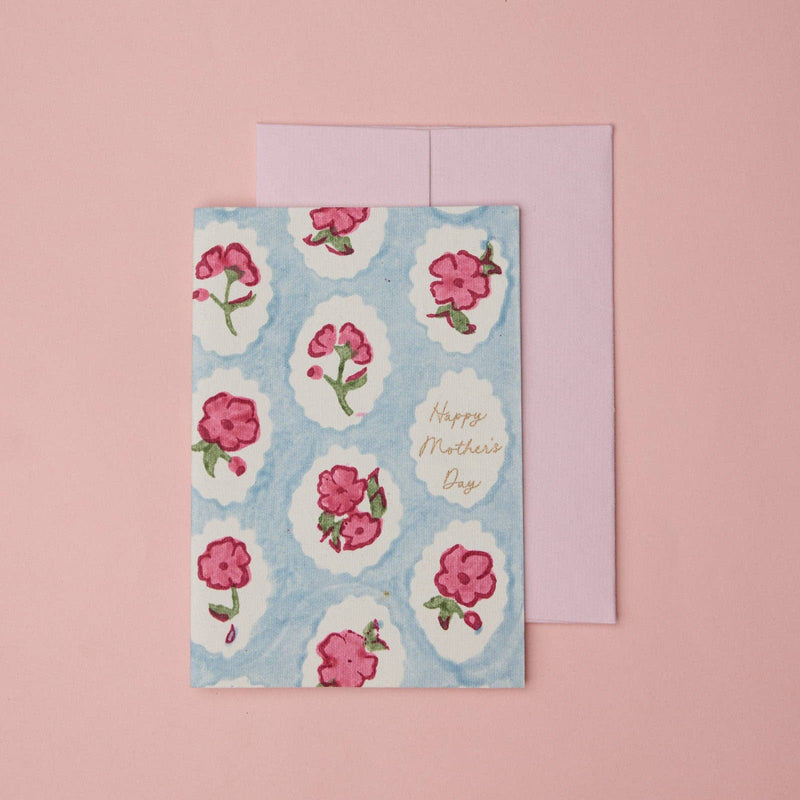 Hand Block Printed Greeting Card - Mother's Day Pink Floral