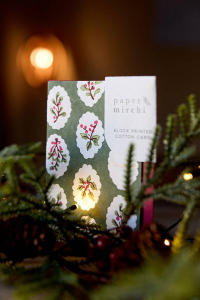 Hand Block Printed Greeting Card - Scallop Tiles Holly Green