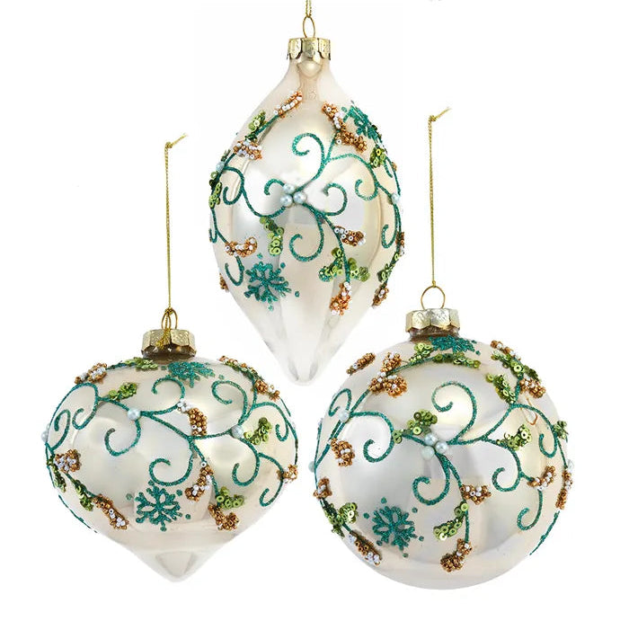 Gold With Aqua Glitter and Beads Glass Ball | Putti Christmas Decorations