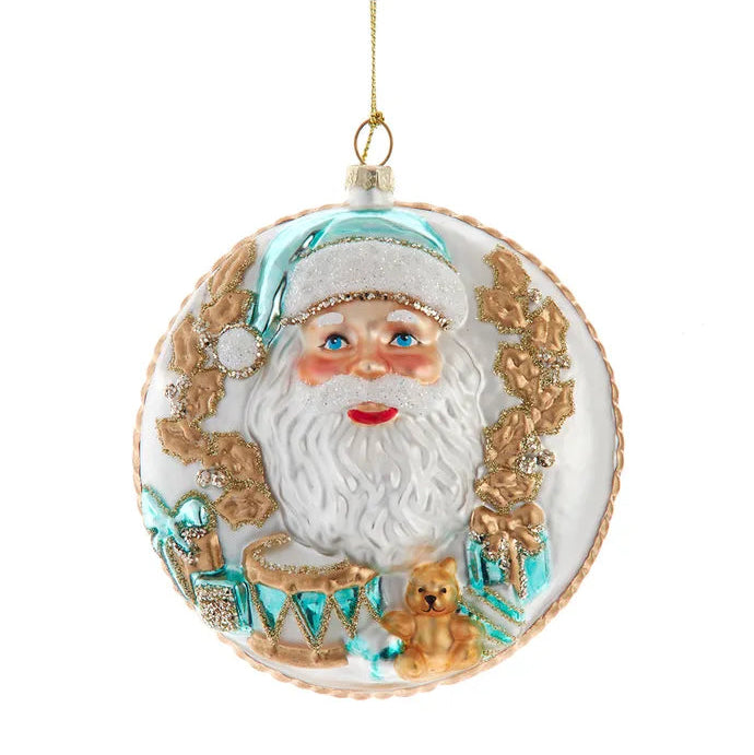 Glass Aqua & Gold Double Sided Santa Disc Ornament | Putti Christmas Decorations