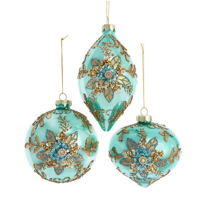Aqua & Gold Floral Glass Ornaments | Putti Christmas Decorations