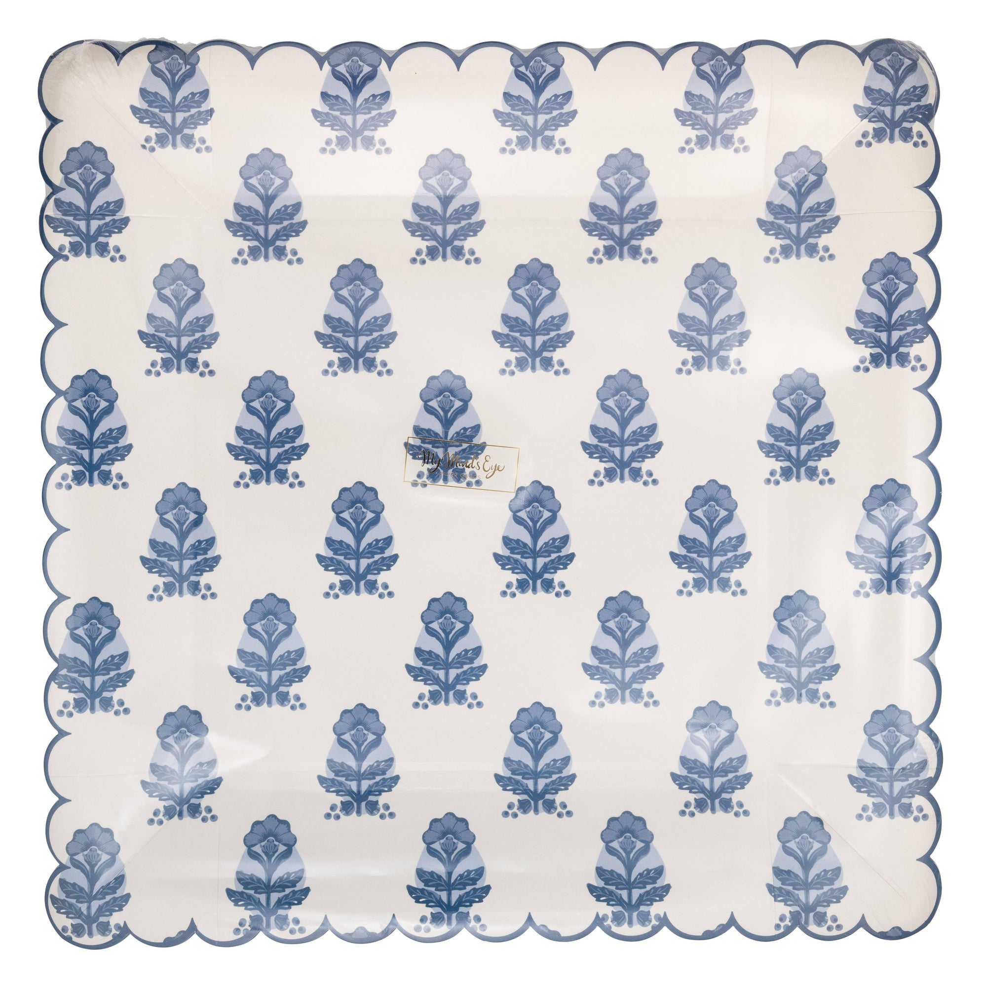 Blue Flower Block Print Square Paper Plate