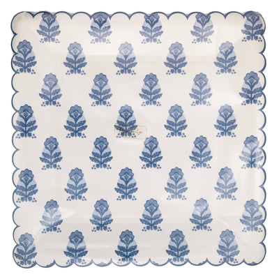 Blue Flower Block Print Square Paper Plate