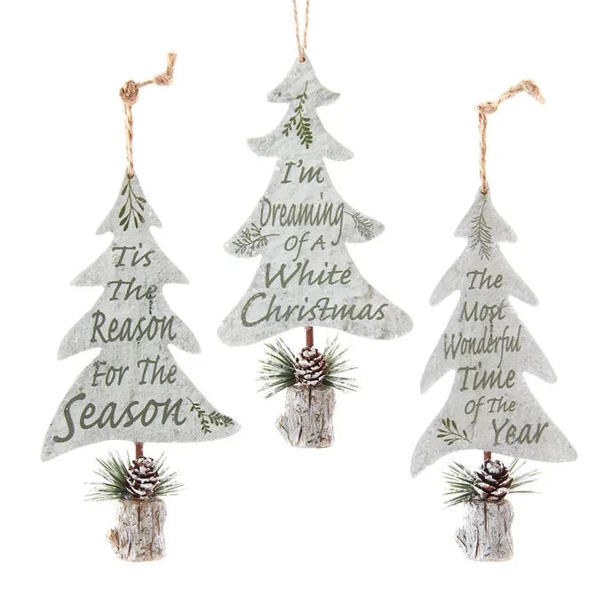 Kurt Adler Wooden Ivory and Sage Tree With Saying Ornaments | Putti Christmas