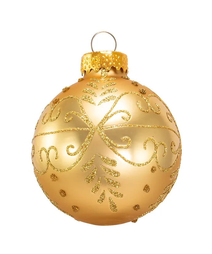 Matte Gold with Gold Glitter Pattern Glass Ornament - 60mm