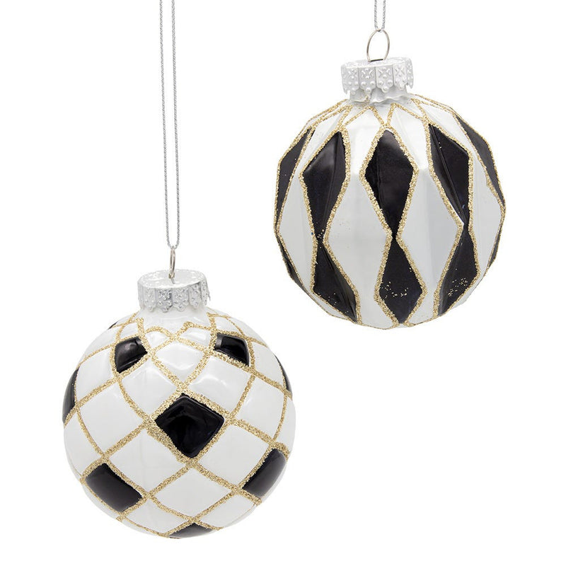 Black, White & Gold Checkered Glass Ball Ornaments | Putti Christmas Decorations