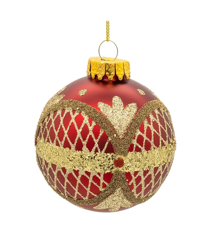 Matte Red with Gold Glitter Trellis Glass Ornament