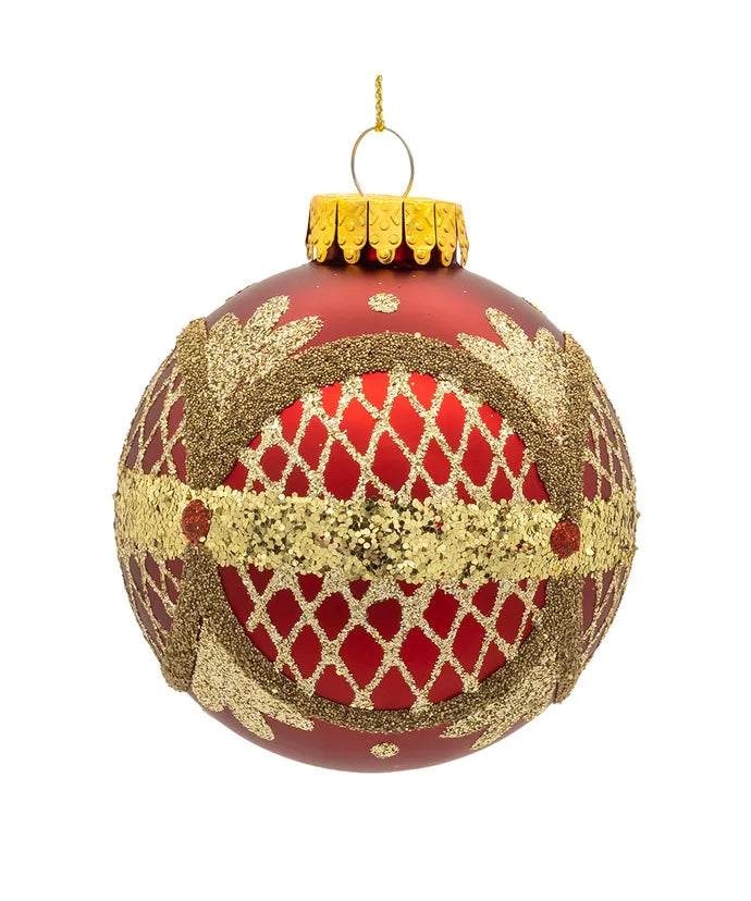 Matte Red with Gold Glitter Trellis Glass Ornament