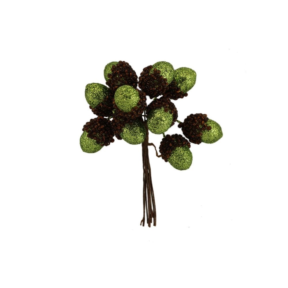 Green Glitter Acorn Pick Bunch - 11 cm