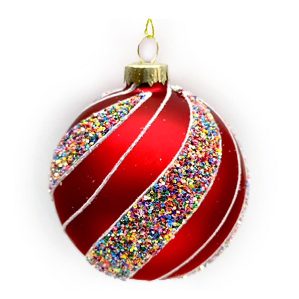 Red with Rainbow Beaded Spiral Glass Ball Ornament