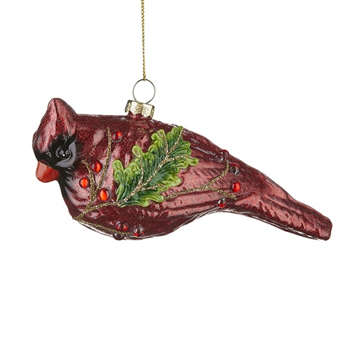 Cardinal with Holly Sprig Glass Ornament