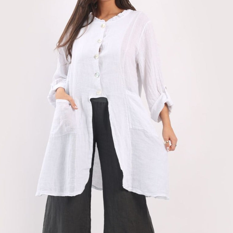 Button Down Tunic Vintage Washed Linen Jacket - White