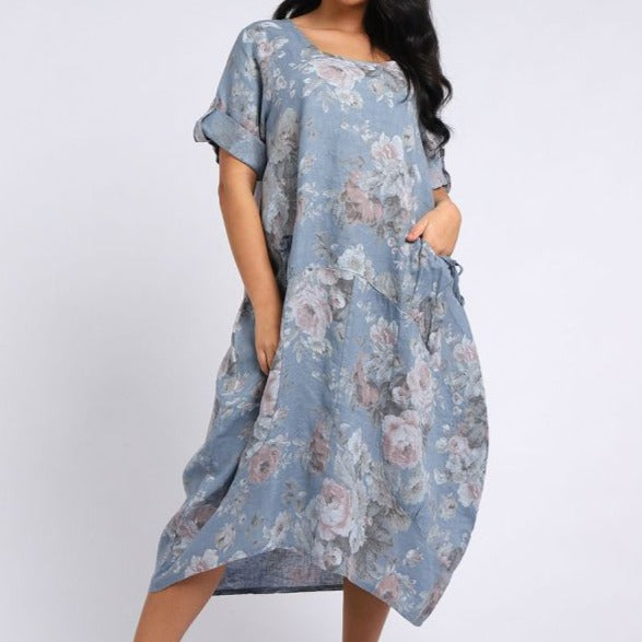 Italian Floral Linen Lagenlook Dress - Denim