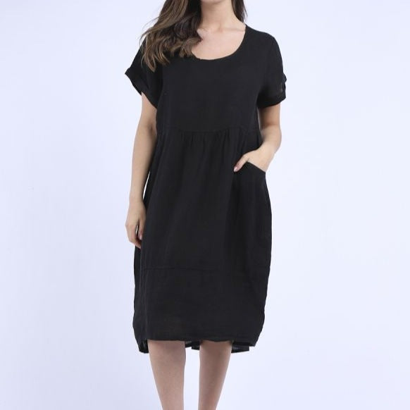 Front Pockets Linen Dress - Black