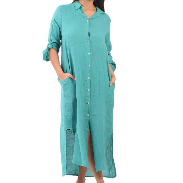 Button Front Long Linen Shirt Dress - Aqua