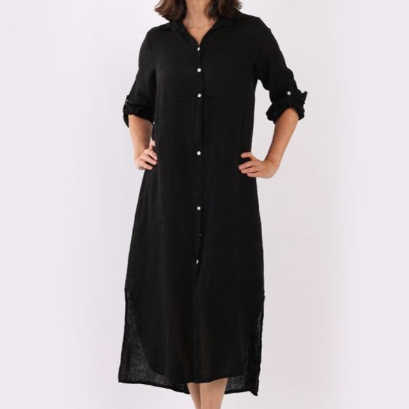Button Front Long Linen Shirt Dress - Black