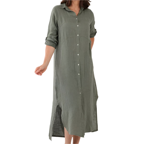 Button Front Long Linen Shirt Dress - Khaki