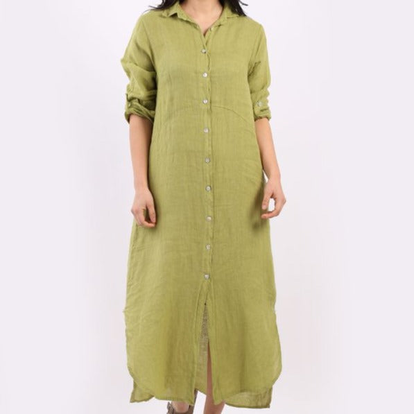 Button Front Long Linen Shirt Dress - Lime Green