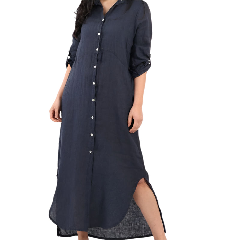 Button Front Long Linen Shirt Dress - Navy