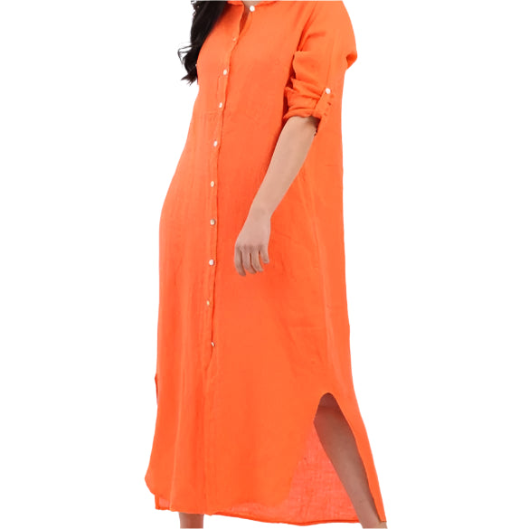 Button Front Long Linen Shirt Dress - Orange