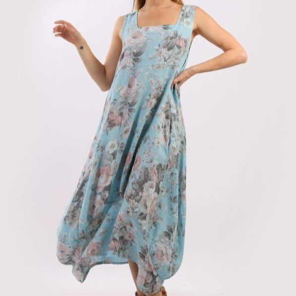 Floral Sleeveless Linen Dress - Azure Blue | Putti Fine Fashions