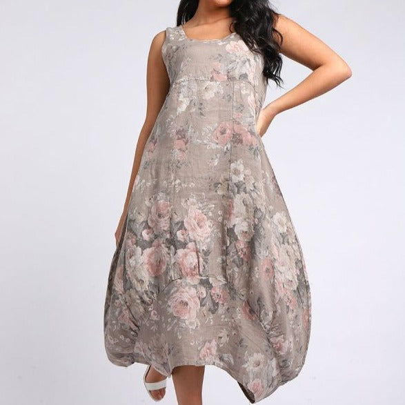 Floral Sleeveless Linen Dress - Mocha
