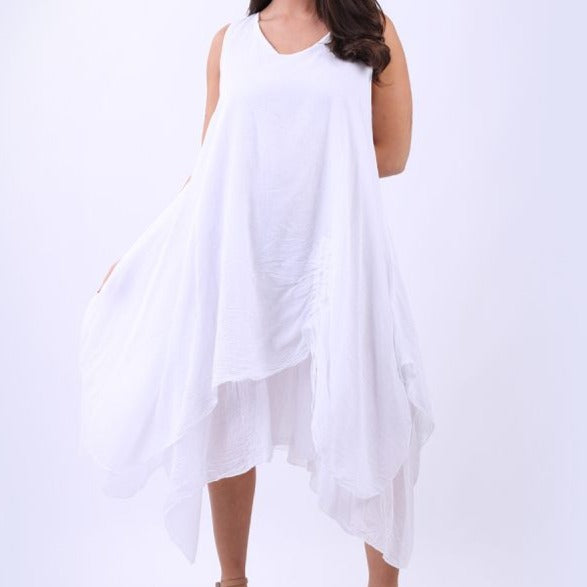 Ruched Hem Cotton Sleeveless Tank Dress - White