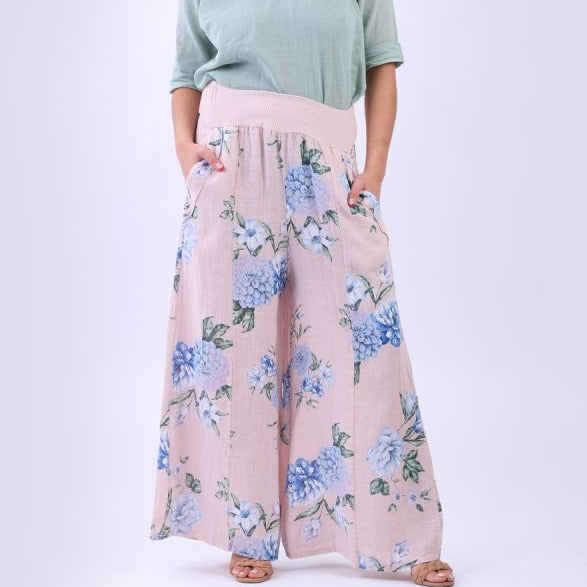 Wide Leg Linen Floral Palazzo Pant - Pink