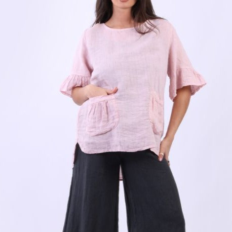 Linen Top with Ruffled Sleeve - Pink