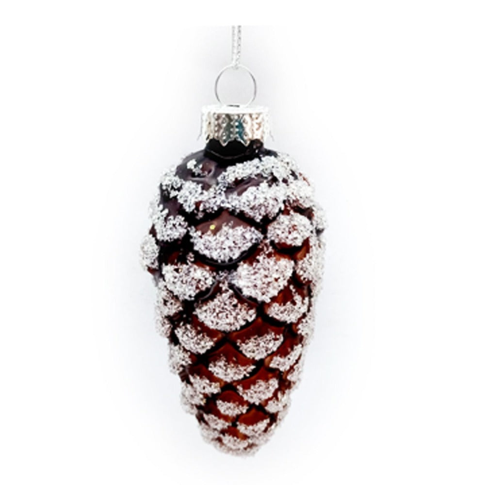 Snow Frosted Brown Pinecone Glass Ornament