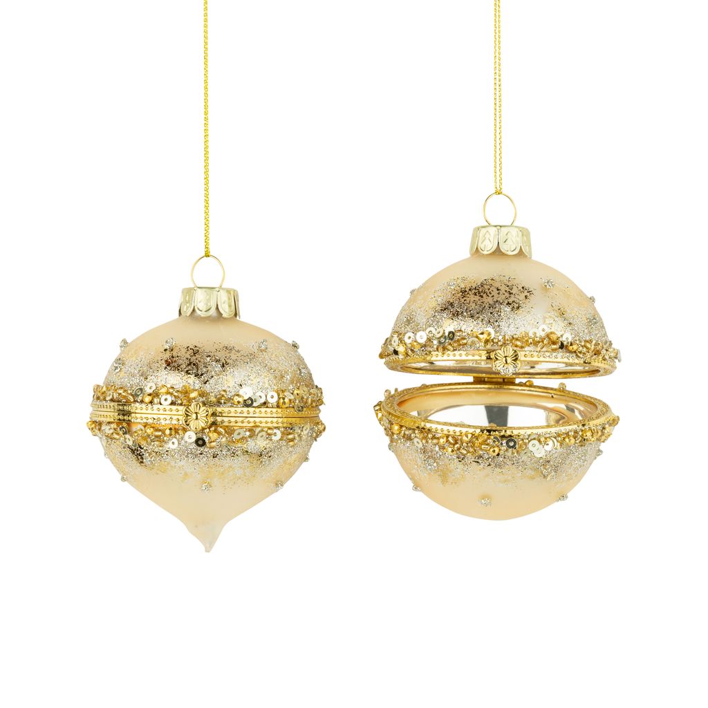 Matte Gold with Gold Beaded Center Bands Glass Keepsake Ornaments