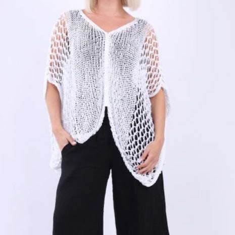 Crochet Knitted Batwing Top - White