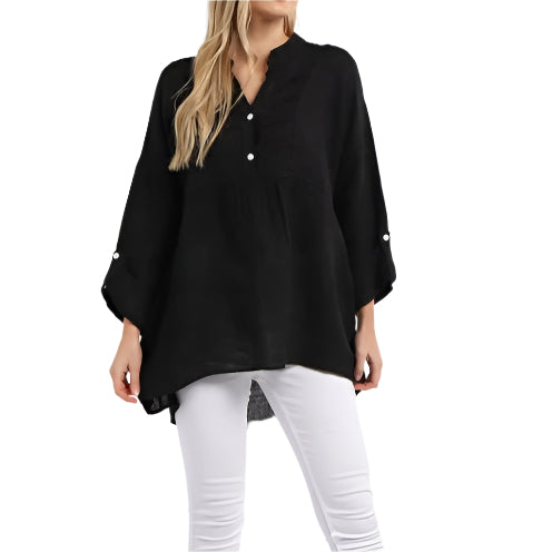 Plain Pleated Front Dip Hem Linen Tunic Top - Black
