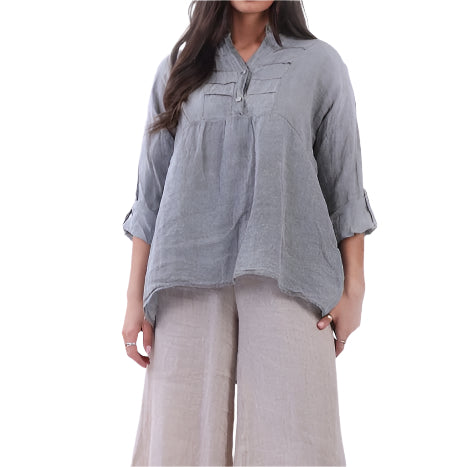 Plain Pleated Front Dip Hem Linen Tunic Top - Charcoal