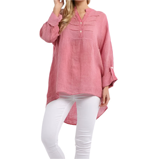 Plain Pleated Front Dip Hem Linen Tunic Top - Sugar Poppy